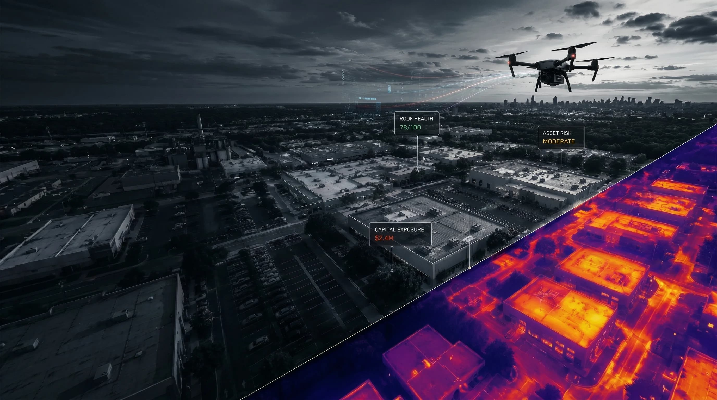 Aerial thermal drone view of commercial property, CoreTherm intelligence overlay